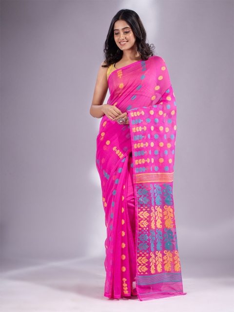 

Charukriti Fuchsia & Yellow Woven Design Silk Cotton Jamdani Saree, Pink