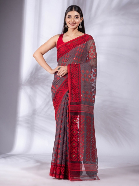 

Charukriti Grey & Red Woven Design Silk Cotton Jamdani Saree