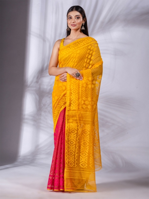 

Charukriti Yellow & Fuchsia Woven Design Silk Cotton Half and Half Jamdani Saree