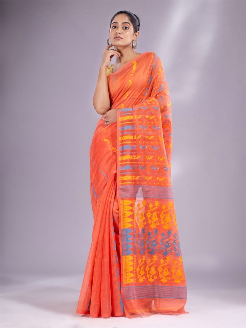 

Charukriti Peach-Coloured & Orange Woven Design Silk Cotton Jamdani Saree