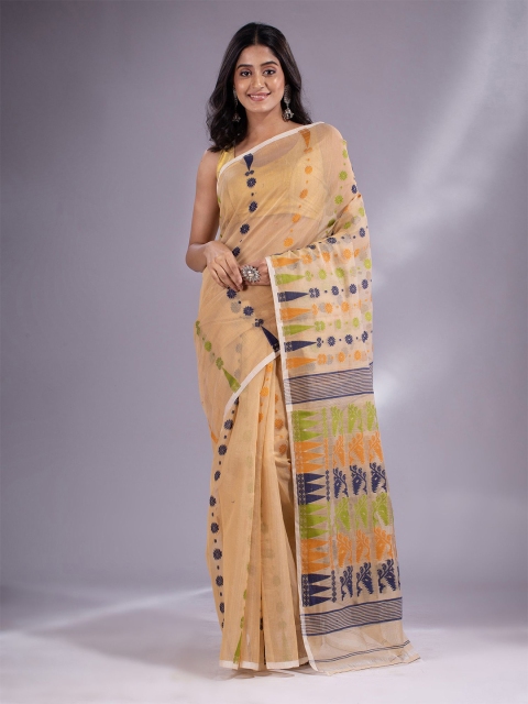 

Charukriti Women Cream & Green Woven Design Silk Cotton Jamdani Saree