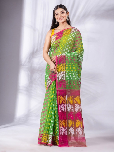

Charukriti Women Green & Pink Silk Cotton Jamdani Saree