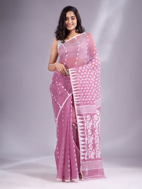 

Charukriti Pink & White Floral Silk Cotton Jamdani Saree