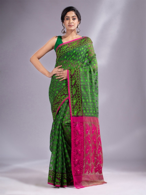 

Charukriti Green & Pink Woven Design Silk Cotton Jamdani Saree