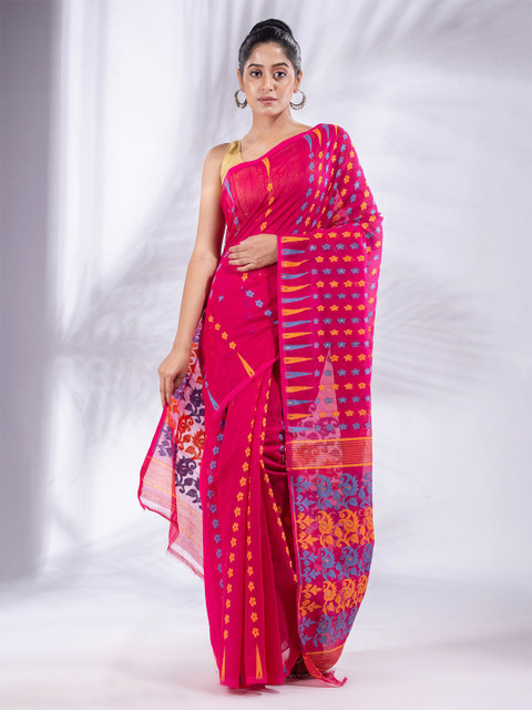 

Charukriti Fuchsia & Orange Woven Design Silk Cotton Jamdani Saree