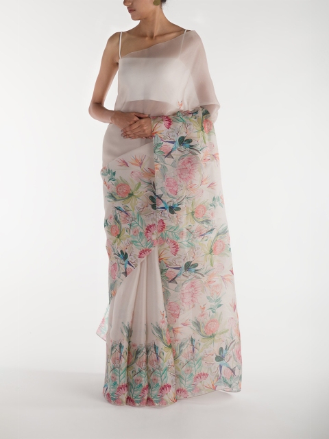 

Nalli Next White & Green Floral Organza Saree