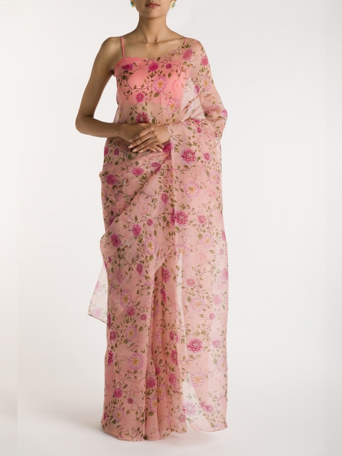 

Nalli Next Peach & Green Floral Printed Organza Saree