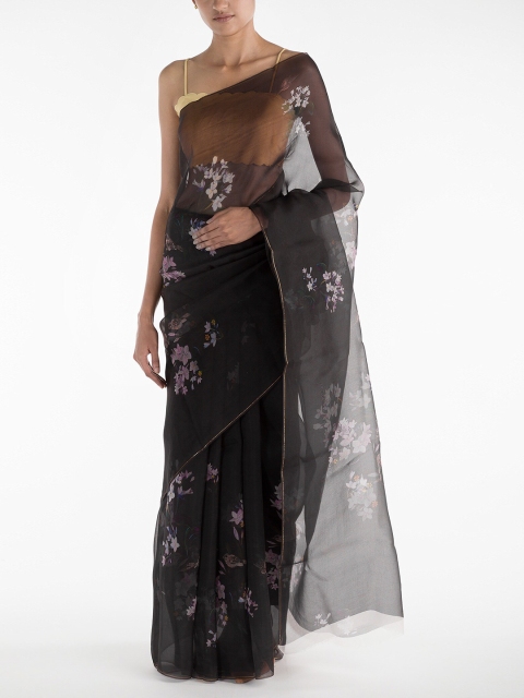 

Nalli Next Black & Silver-Toned Floral Organza Saree