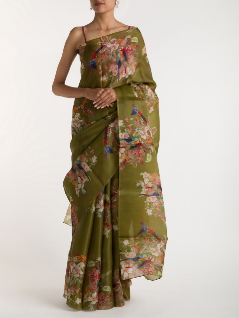 

Nalli Next Olive Green & Blue Floral Organza Saree