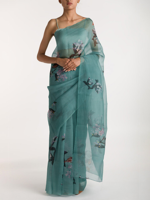 

Nalli Next Green & Silver-Toned Floral Printed Organza Saree