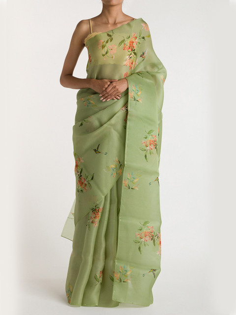 

Nalli Next Green & Orange Floral Organza Saree