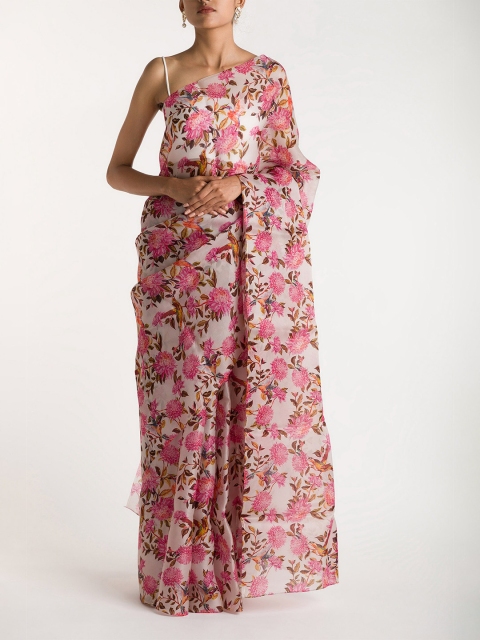 

Nalli Next White & Pink Floral Printed Organza Saree
