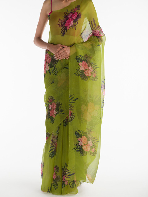 

Nalli Next Women Lime Green & Pink Floral Organza Saree