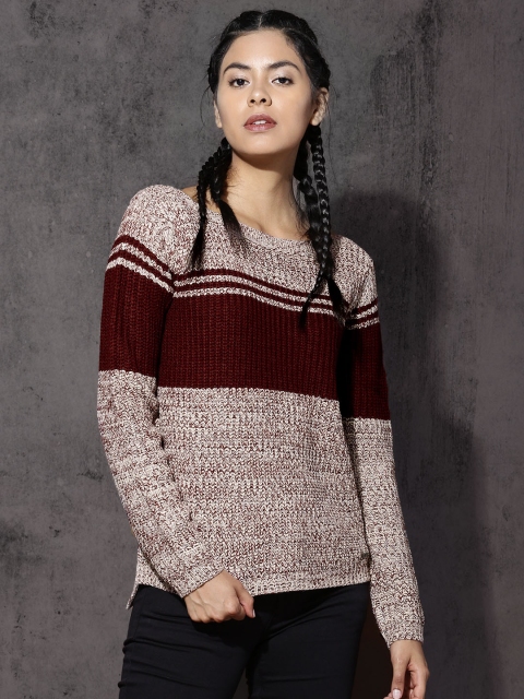 

RDSTR Women Maroon & Cream-Coloured Self-Design Pullover