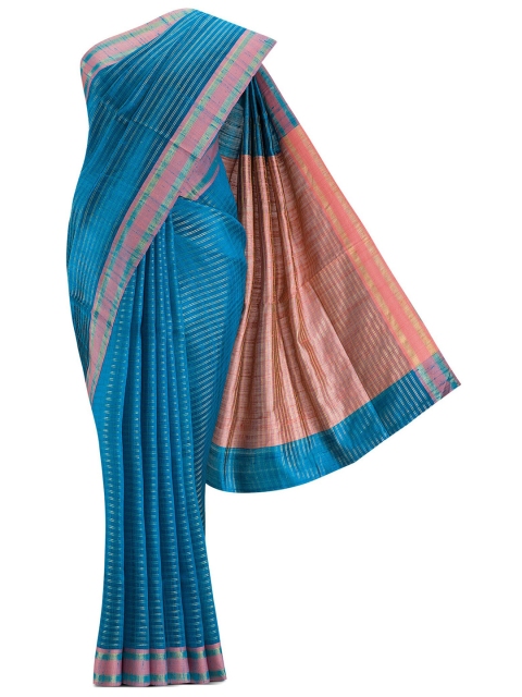 

Nalli Next Blue & Peach-Coloured Striped Zari Pure Silk Tussar Saree