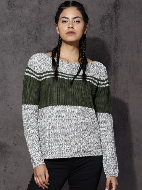 

Roadster Women Green & Off-White Self Design Pullover