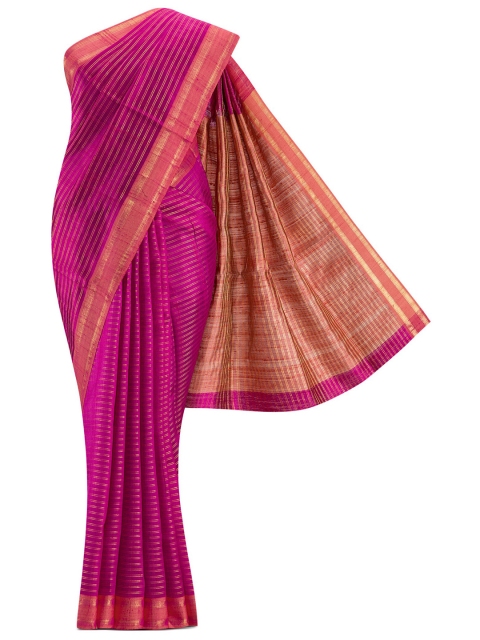 

Nalli Next Magenta & Gold-Toned Striped Zari Pure Silk Tussar Saree