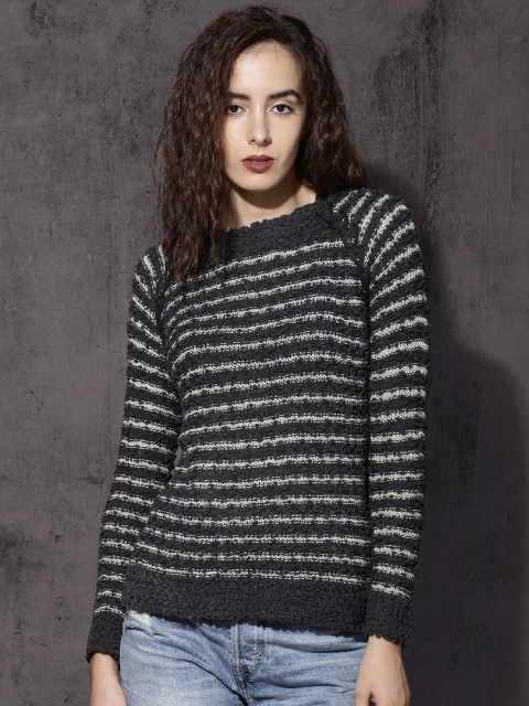 

RDSTR Women Charcoal Grey Striped Shimmery Pullover