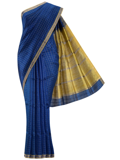 

Nalli Next Blue & Mustard Checked Zari Pure Silk Tussar Saree