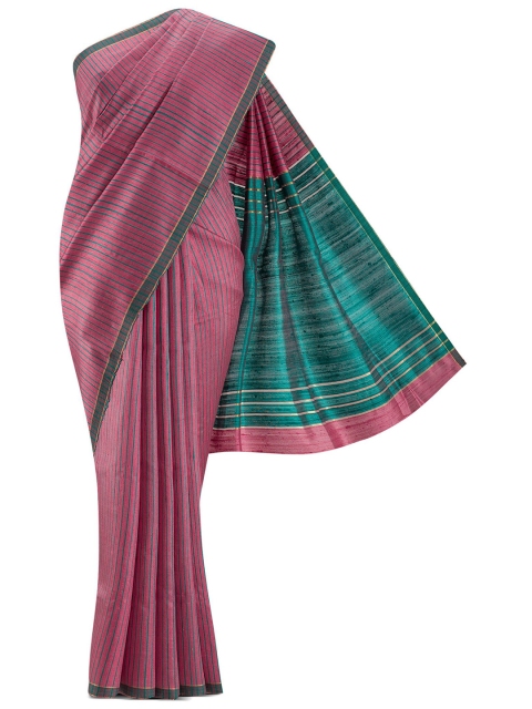 

Nalli Next Pink & Blue Striped Zari Pure Silk Tussar Saree