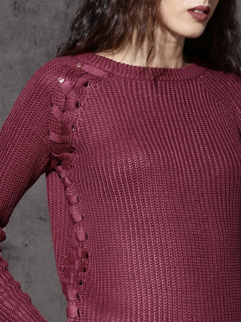 

Roadster Women Burgundy Self Design Pullover