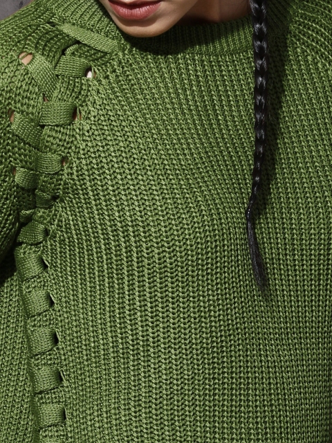 

RDSTR Women Green Self-Design Pullover