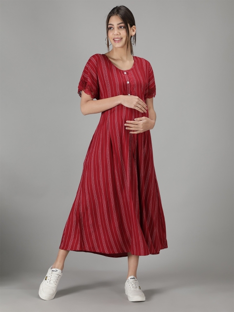 

NIGHTSPREE Women Red Striped Maternity A-Line Midi Dress