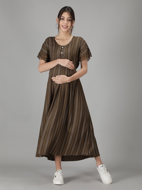 

NIGHTSPREE Brown Maternity And Feeding Dress. A-Line Midi Dress