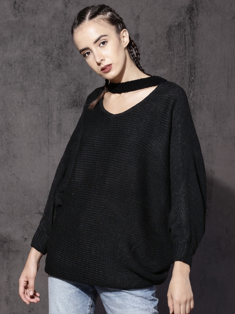 

Roadster Women Black Self-Design Choker Neck Pullover
