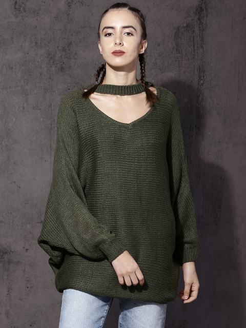 

Roadster Women Olive Green Self-Design Pullover with Choker Neck
