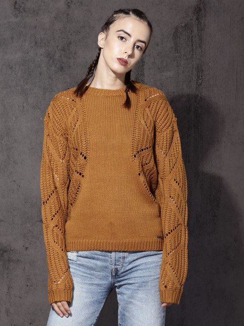 

Roadster Women Mustard Yellow Self-Design Pullover