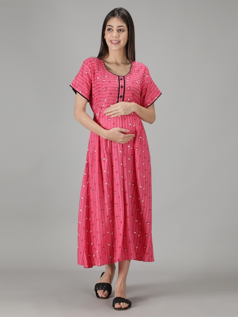 

NIGHTSPREE Pink Floral Printed Fit & Flare Maternity And Feeding Dress