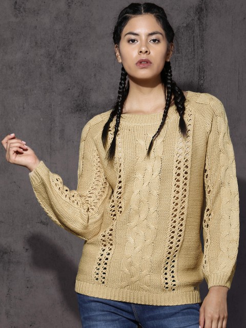 

Roadster Women Beige Cable Knit Pullover