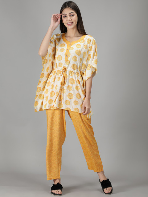 

NIGHTSPREE Women Yellow & Off White Printed Night suit
