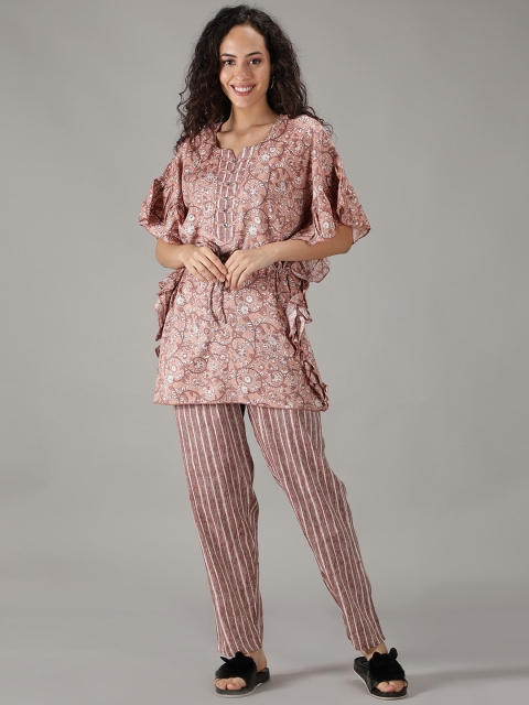 

NIGHTSPREE Women Brown & White Printed Night suit