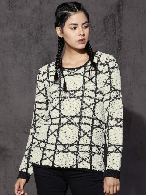 

Roadster Women White & Black Self Design Pullover