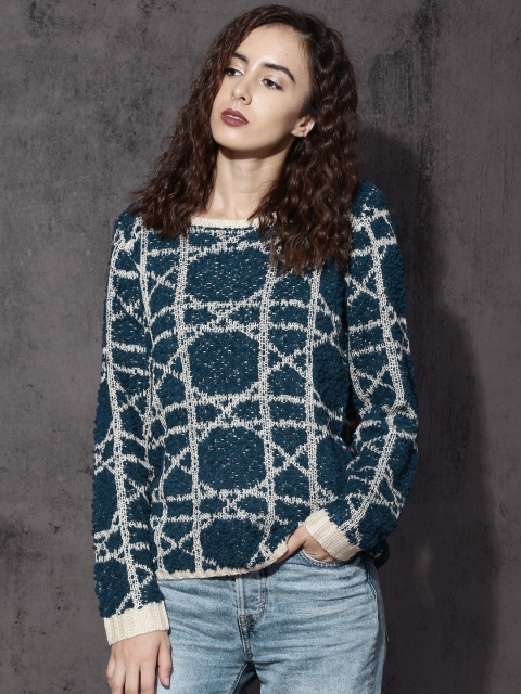 

Roadster Women Teal & Cream Blue Self Design Pullover