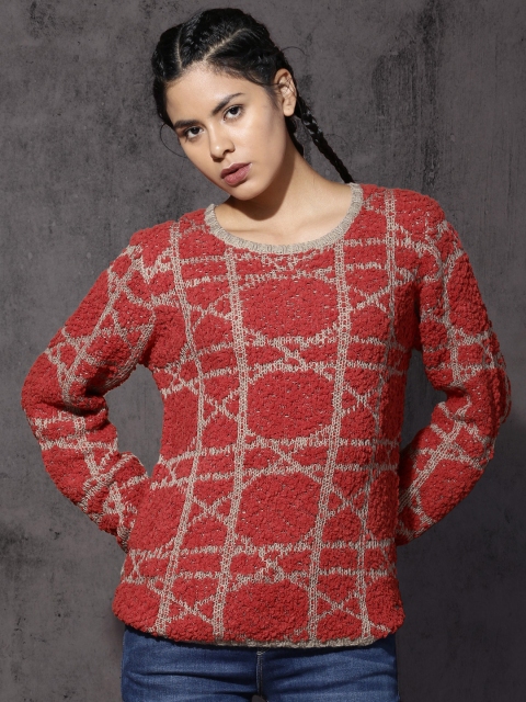 

Roadster Women Red & Taupe Self Design Pullover