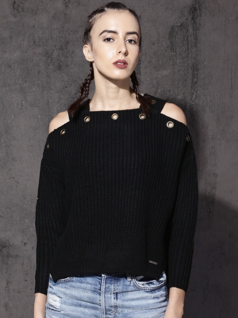 

Roadster Women Black Ribbed Cold-Shoulder Pullover