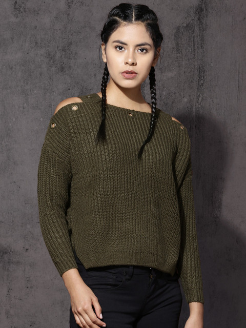

RDSTR Women Olive Green Ribbed Cold-Shoulder Pullover
