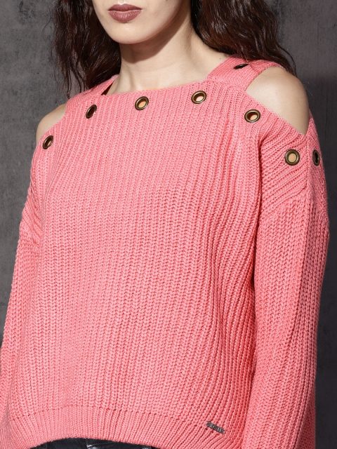 

RDSTR Women Pink Ribbed Cold-Shoulder Sweater