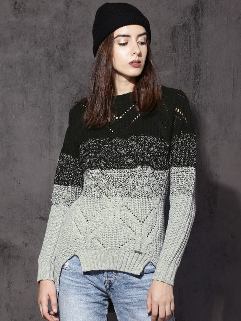 

RDSTR Women Grey & Black Self-Design Pullover with High-Low Hem