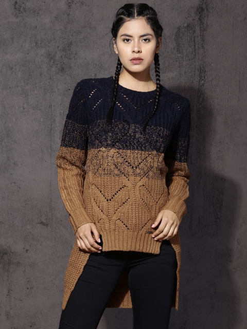 

Roadster Women Brown & Navy Blue Self Design Pullover with High-Low Hem