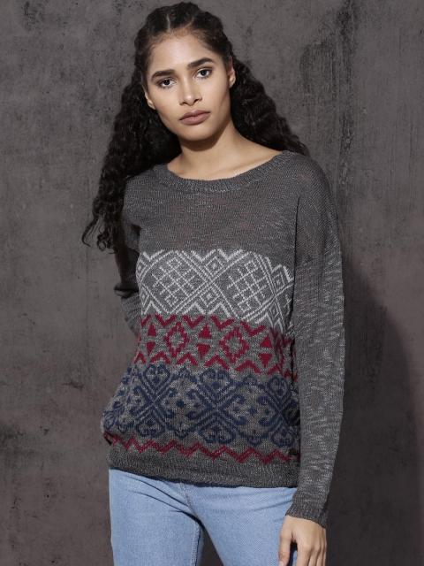 

Roadster Women Grey Self-Design Pullover Sweater