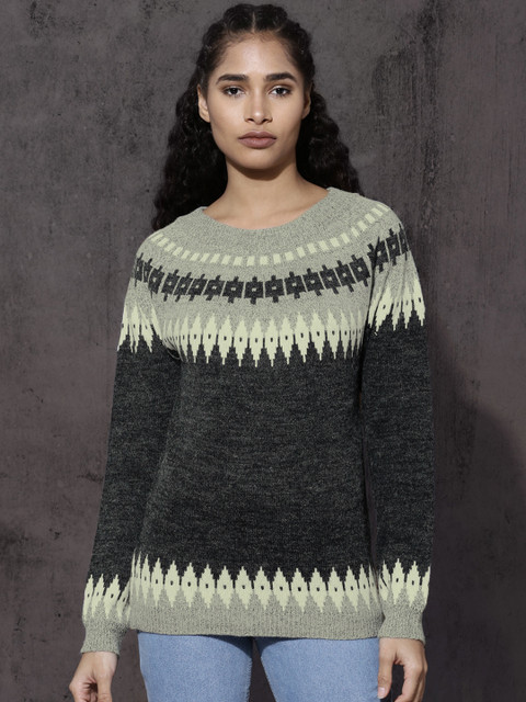 

Roadster Women Charcoal Grey Self Design Pullover