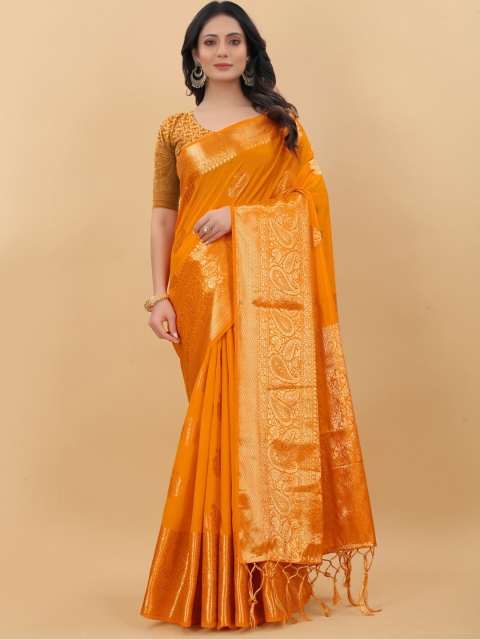 

WEAVETECH IMPEX Orange & Gold-Toned Woven Design Zari Silk Cotton Banarasi Saree