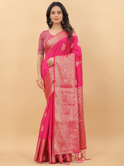 

WEAVETECH IMPEX Pink & Gold-Toned Woven Design Zari Silk Cotton Banarasi Saree