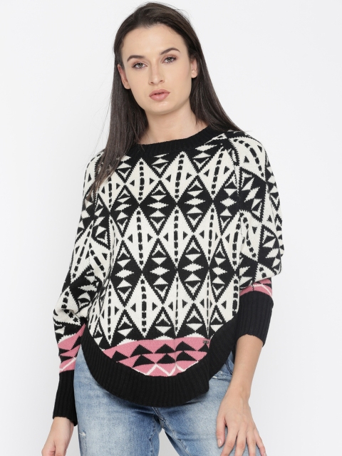 

Roadster Women Black & Off-White Self Design Pullover