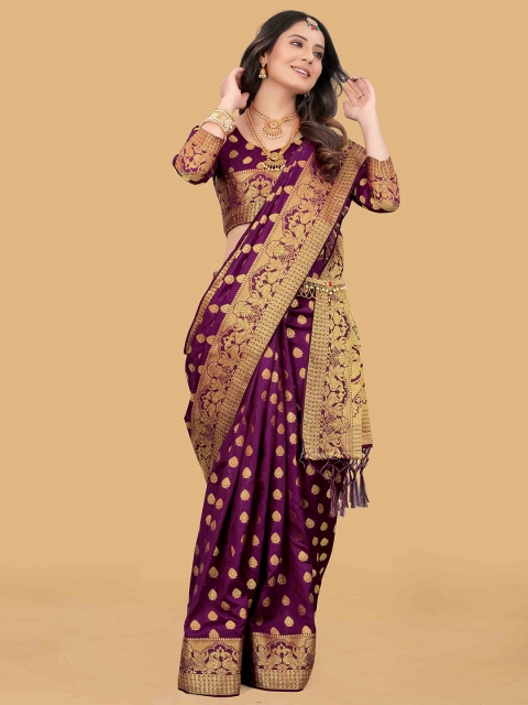 

PRASTHAN Magenta & Gold-Toned Woven Design Zari Silk Cotton Banarasi Saree
