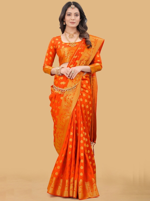 

PRASTHAN Orange & Gold-Toned Woven Design Zari Silk Cotton Banarasi Saree